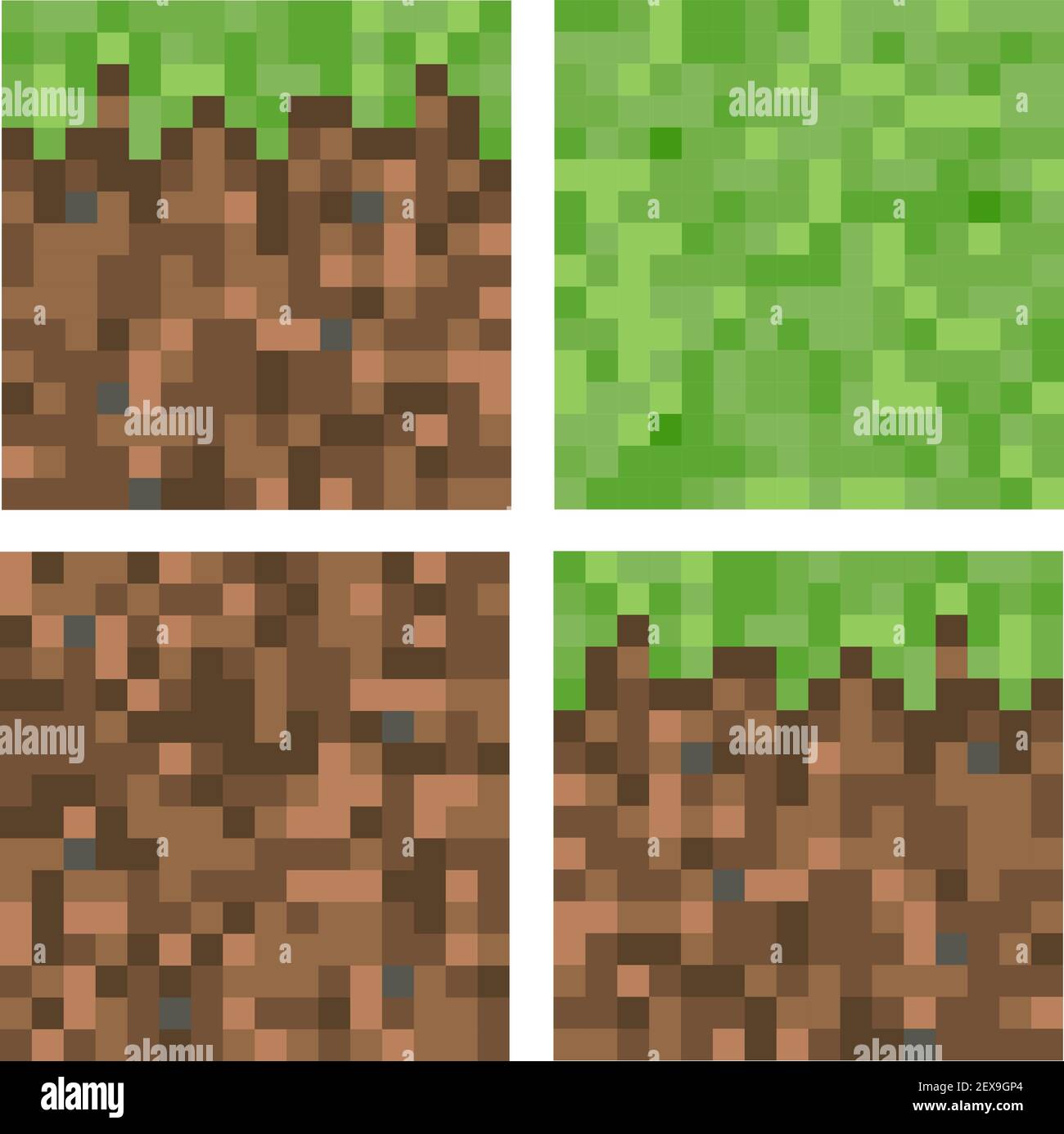 Pixel minecraft style land block background. Concept of game ground pixelated horizontal seamless background. Top, side, bottom view. Isolated Stock Vector