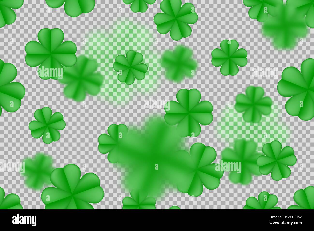 Green St. Patrick day seamless pattern on transparent background with clover four-leaf blured leaves. Vector overlay design. Stock Vector