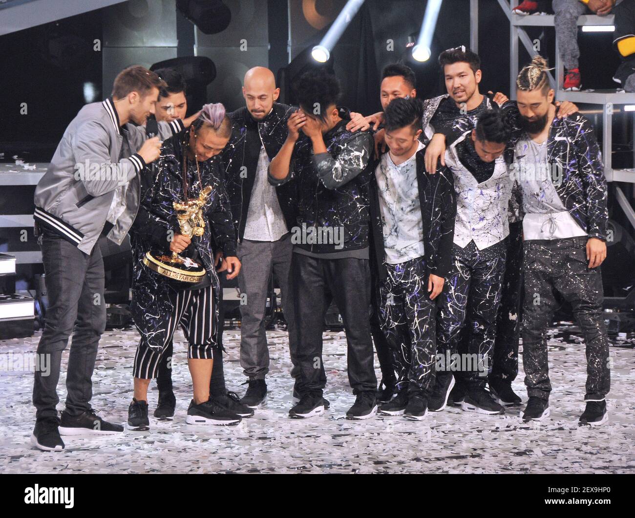 (L-R) ABDC Host Jason Dundas and America's Best Dance Crew All Star Champion, Quest Crew at the 'America's Best Dance Crew: Road To The VMA's' Finale held at the Warner Bros Lot Stage 19 in Burbank, CA on Saturday, August 29, 2015. (Photo By Sthanlee B. Mirador) *** Please Use Credit from Credit Field *** Stock Photo