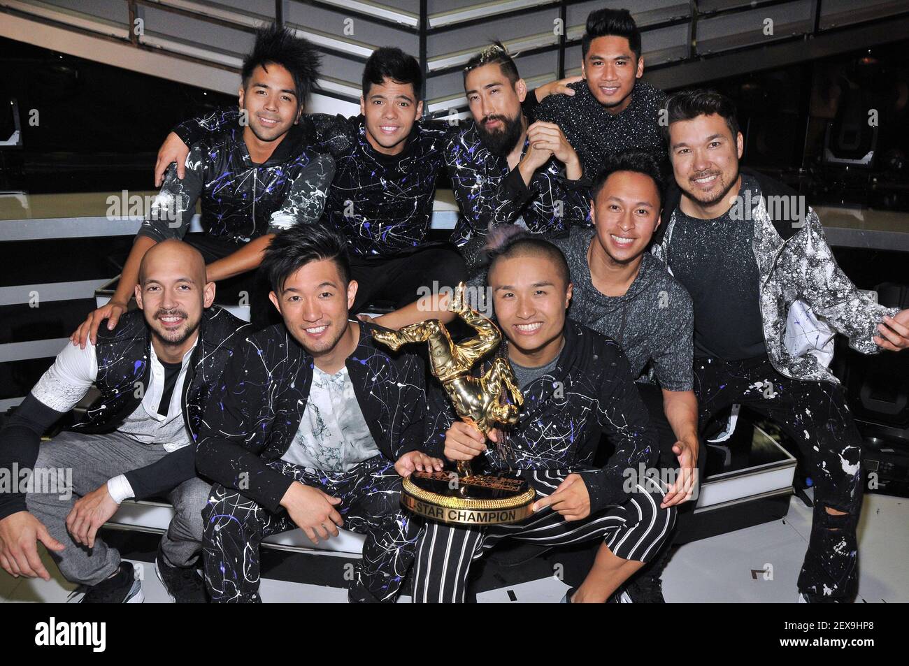 America's Best Dance Crew All Star Champion, Quest Crew - (L-R Top) Ryanimay Conferido, Dominic 'D-Trix' Sandoval, Ryan Feng, RU (L-R Bottom) Jolee Lee, Steve Terada, Hok Konishi, Aris Paracuelles & Brian Hirano at the 'America's Best Dance Crew: Road To The VMA's' Finale held at the Warner Bros Lot Stage 19 in Burbank, CA on Saturday, August 29, 2015. (Photo By Sthanlee B. Mirador) *** Please Use Credit from Credit Field *** Stock Photo
