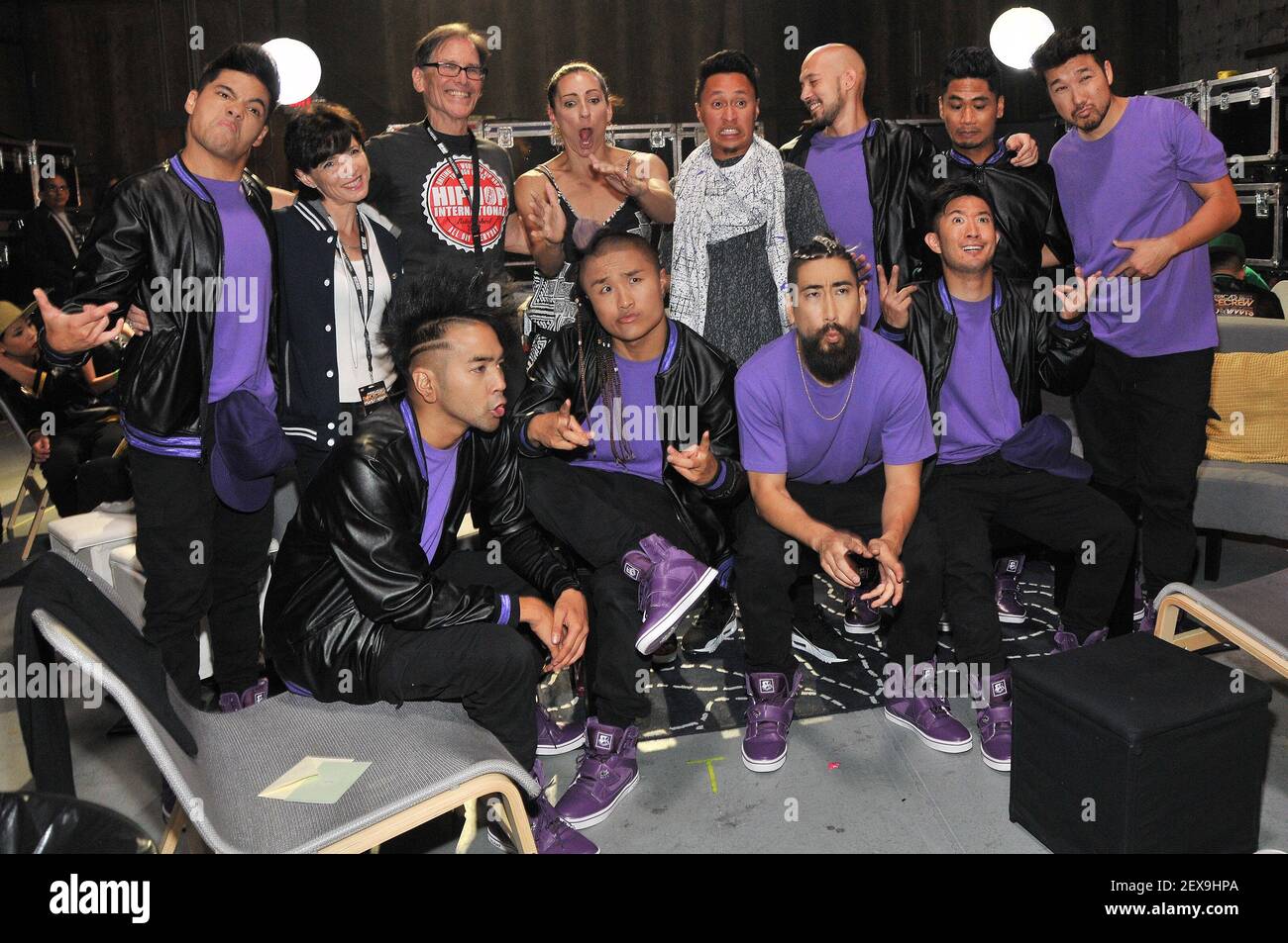 Quest Crew, ABDC Executive Producers/Creators Karen Schwartz and Howard Schwartz & Co-Executive Producer Tabitha D'Umo backstage at the 'America's Best Dance Crew: Road To The VMA's' Finale held at the Warner Bros Lot Stage 19 in Burbank, CA on Saturday, August 29, 2015. (Photo By Sthanlee B. Mirador) *** Please Use Credit from Credit Field *** Stock Photo