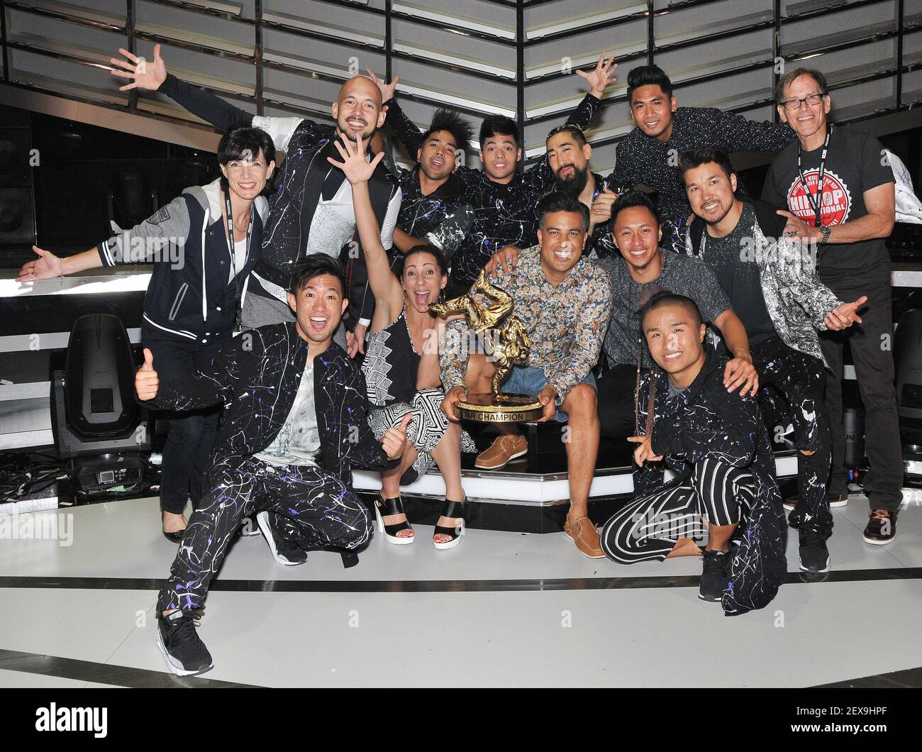 America's Best Dance Crew All Star Champion, Quest Crew with ABDC Executive Producers/Creators Karen Schwartz and Howard Schwartz and Co-Executive Producers Tabitha D'Umo and Napoleon D'Umo at the 'America's Best Dance Crew: Road To The VMA's' Finale held at the Warner Bros Lot Stage 19 in Burbank, CA on Saturday, August 29, 2015. (Photo By Sthanlee B. Mirador) *** Please Use Credit from Credit Field *** Stock Photo