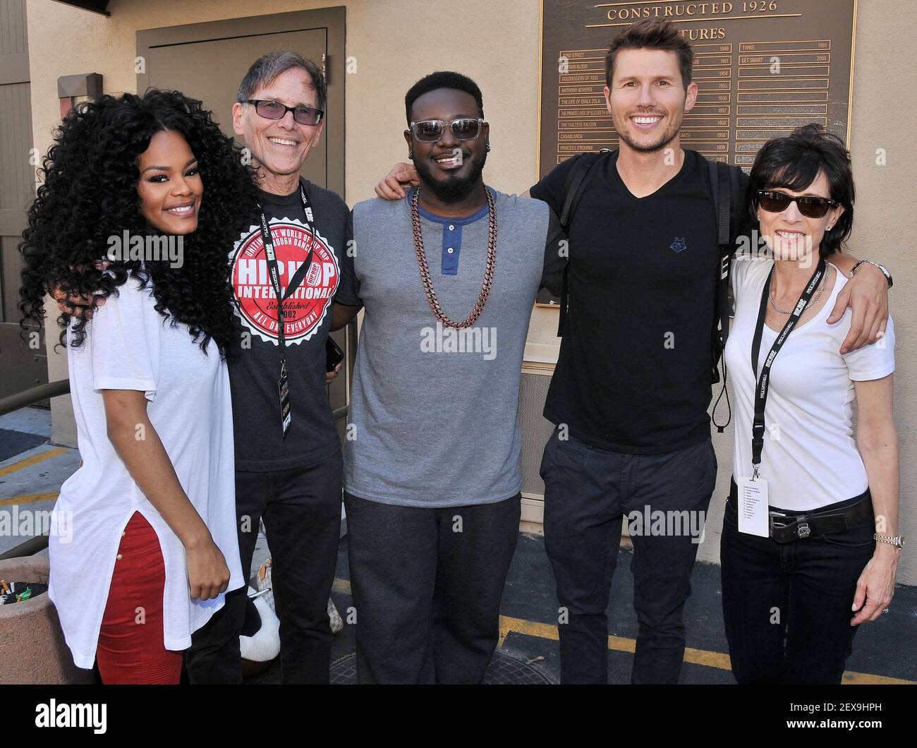 (L-R) ABDC Judge Teyana Taylor, Executive Producer/Creator Howard Schwartz, ABDC Judge T-Pain, ABDC Host Jason Dundas & Executive Producer/Creator Karen Schwartz at the 'America's Best Dance Crew: Road To The VMA's' Finale held at the Warner Bros Lot Stage 19 in Burbank, CA on Saturday, August 29, 2015. (Photo By Sthanlee B. Mirador) *** Please Use Credit from Credit Field *** Stock Photo
