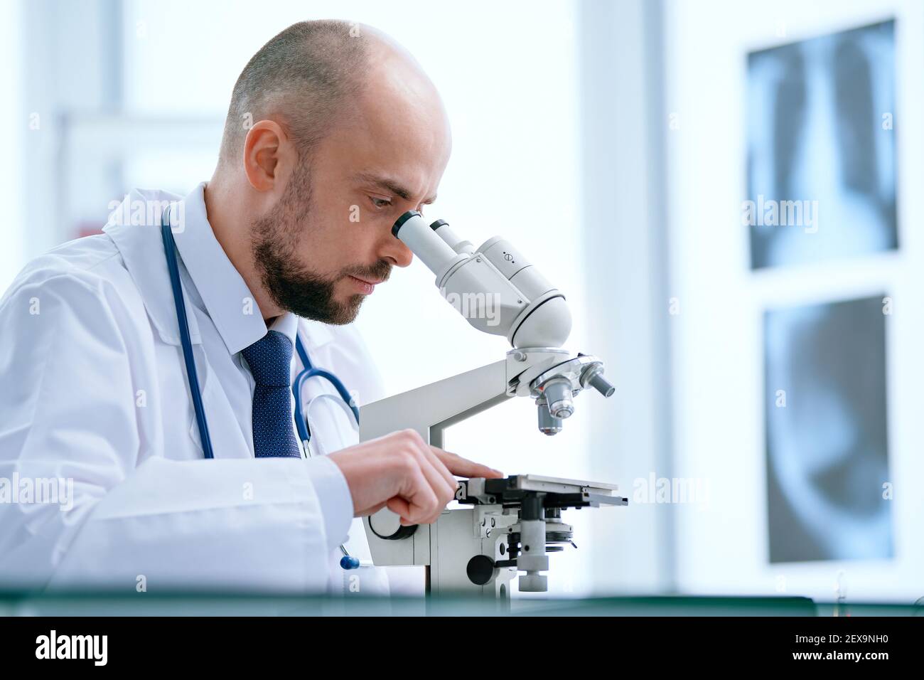 doctor looking through a microscope in the lab. Stock Photo