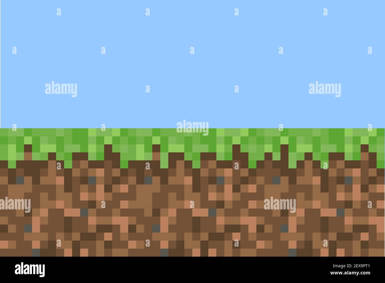 Pixel minecraft style land background. Concept of game ground pixelated horizontal seamless background with blue sky. Vector illustration. Stock Vector