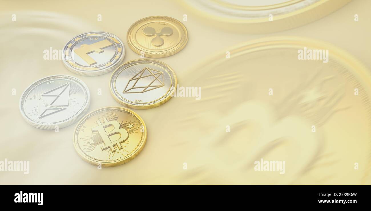 Crypto currency blockchain technology, coins set on abstract gold background, cryptocurrency digital asset, virtual finance and money. 3d illustration Stock Photo