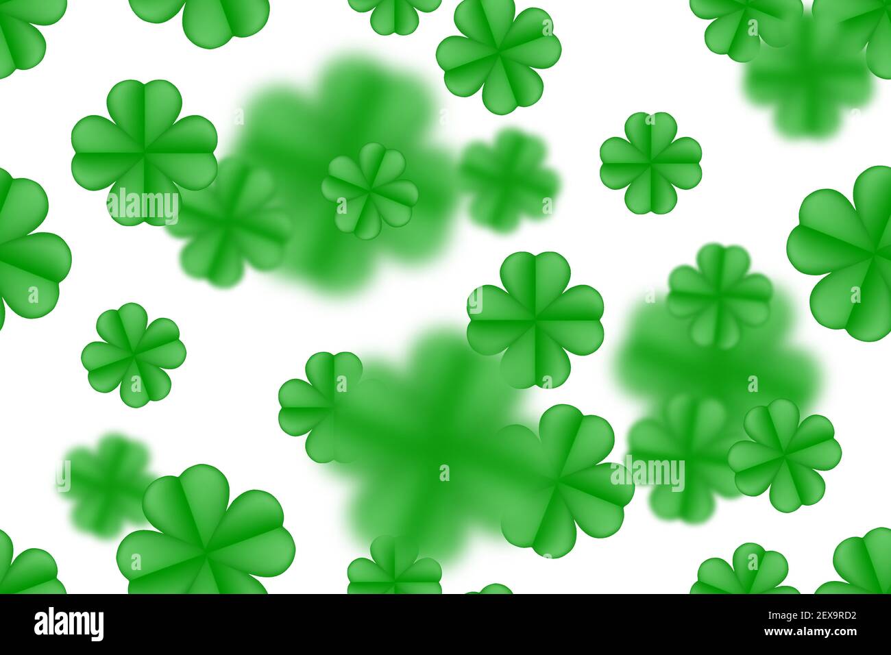 Green St. Patrick day seamless background with clover four-leaf blured leaves. Vector simple design. Stock Vector