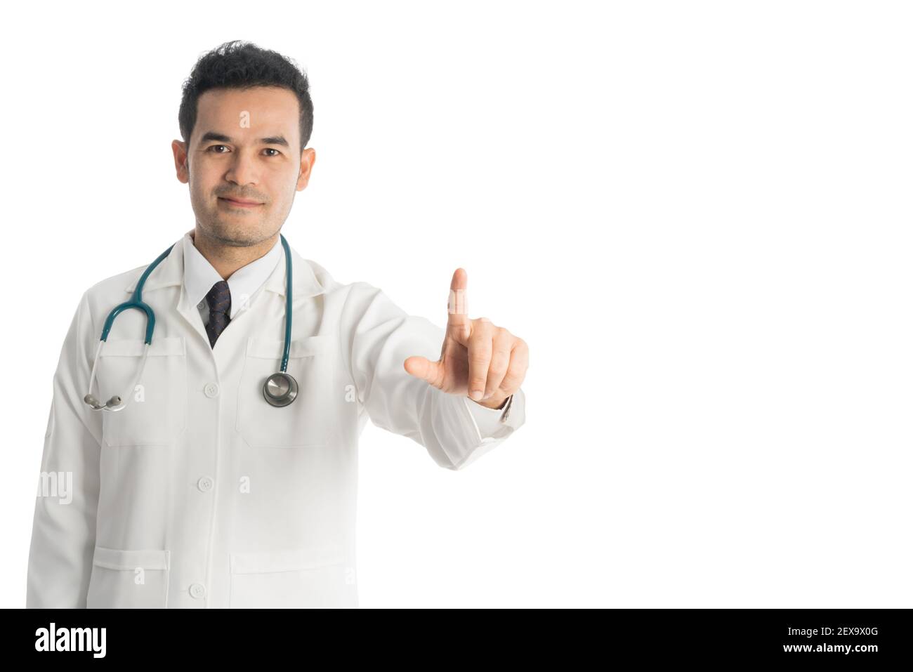 Isolated image of male doctor pointing finger at copy space, isolated on white background. Medical concept. Stock Photo