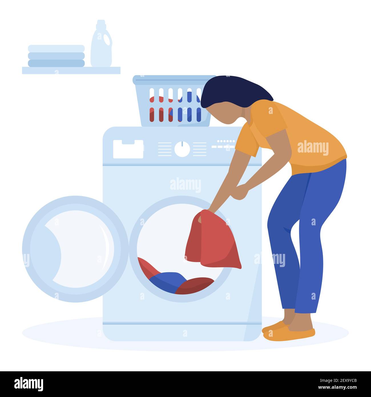 Vector illustration Woman washing dirty clothes Washing machine ...
