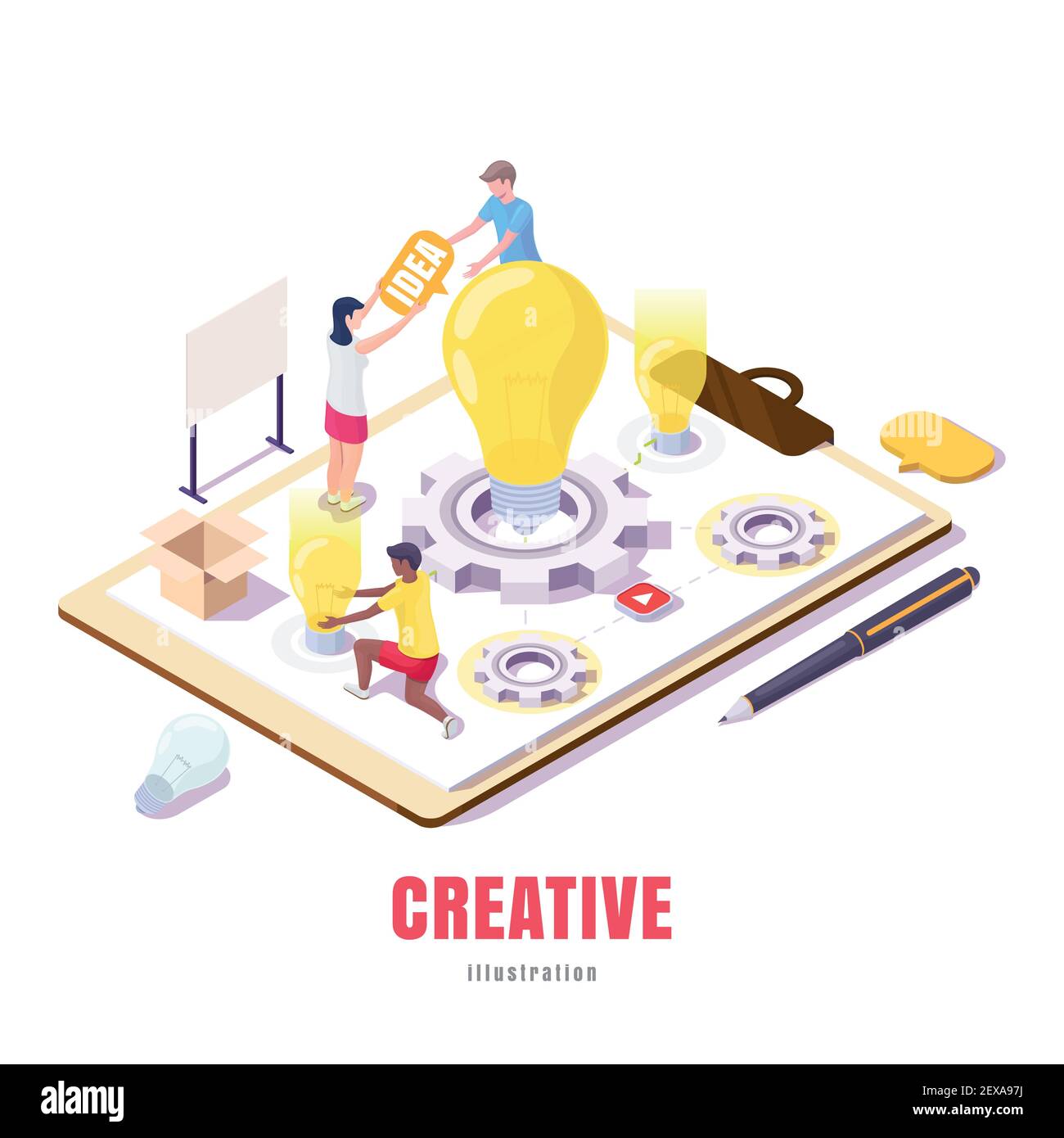 young people working on new ideas vector isometric illustration Stock Vector