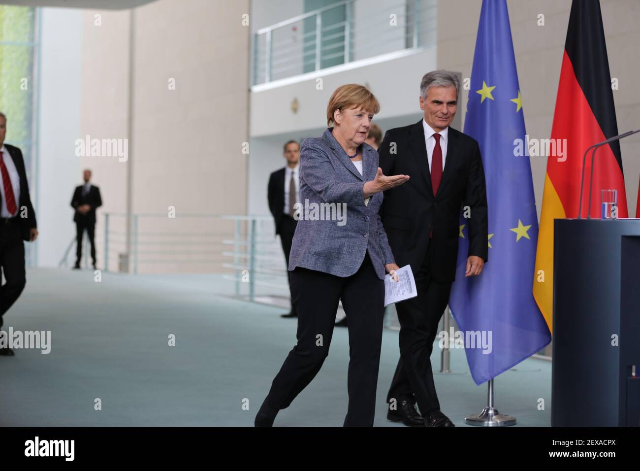 German Chancellor Angela Merkel (left) marched with Austrian Werner Faymann (right) during a joint press conference at the Federal Chancellery. (Photo by Simone Kuhlmey / Pacific Press) *** Please Use Credit from Credit Field *** Stock Photo