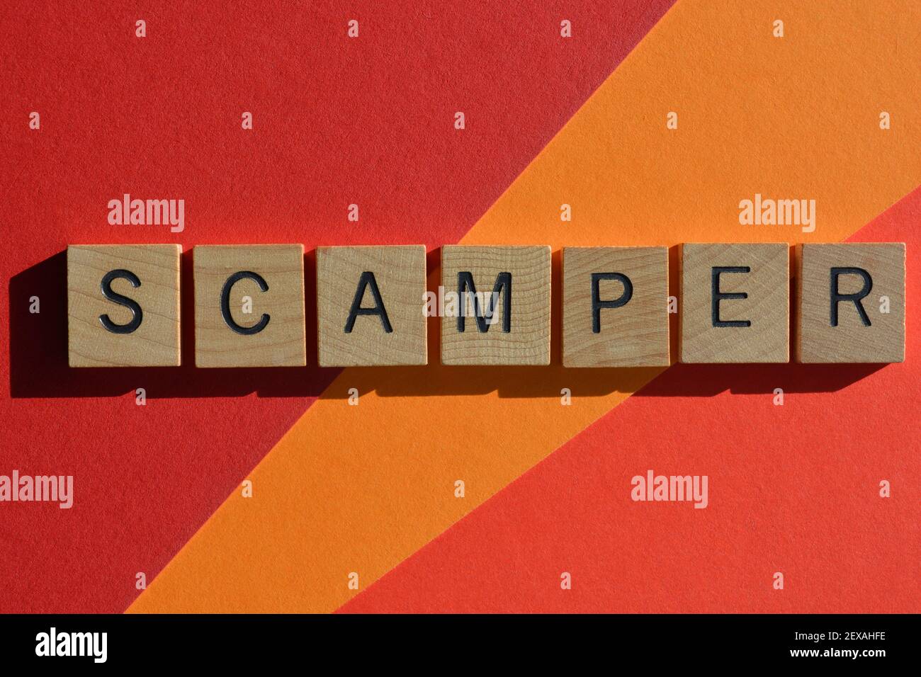 scamper, a word to help create ideas for new products,  Substitute, Combine, Adapt, Modify, Put to another use, Eliminate, and Reverse Stock Photo