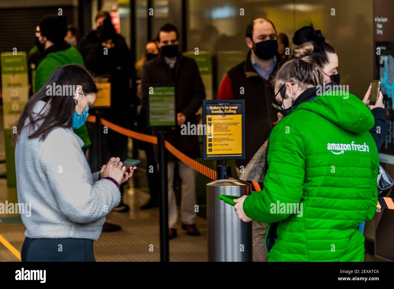 London, UK. 4th Mar, 2021. AmazonFresh, the first physical Amazon shop  opens in Ealing Broadway with no tills and hi-tech surveillance cameras on  the ceiling monitoring all purchases which are billed when