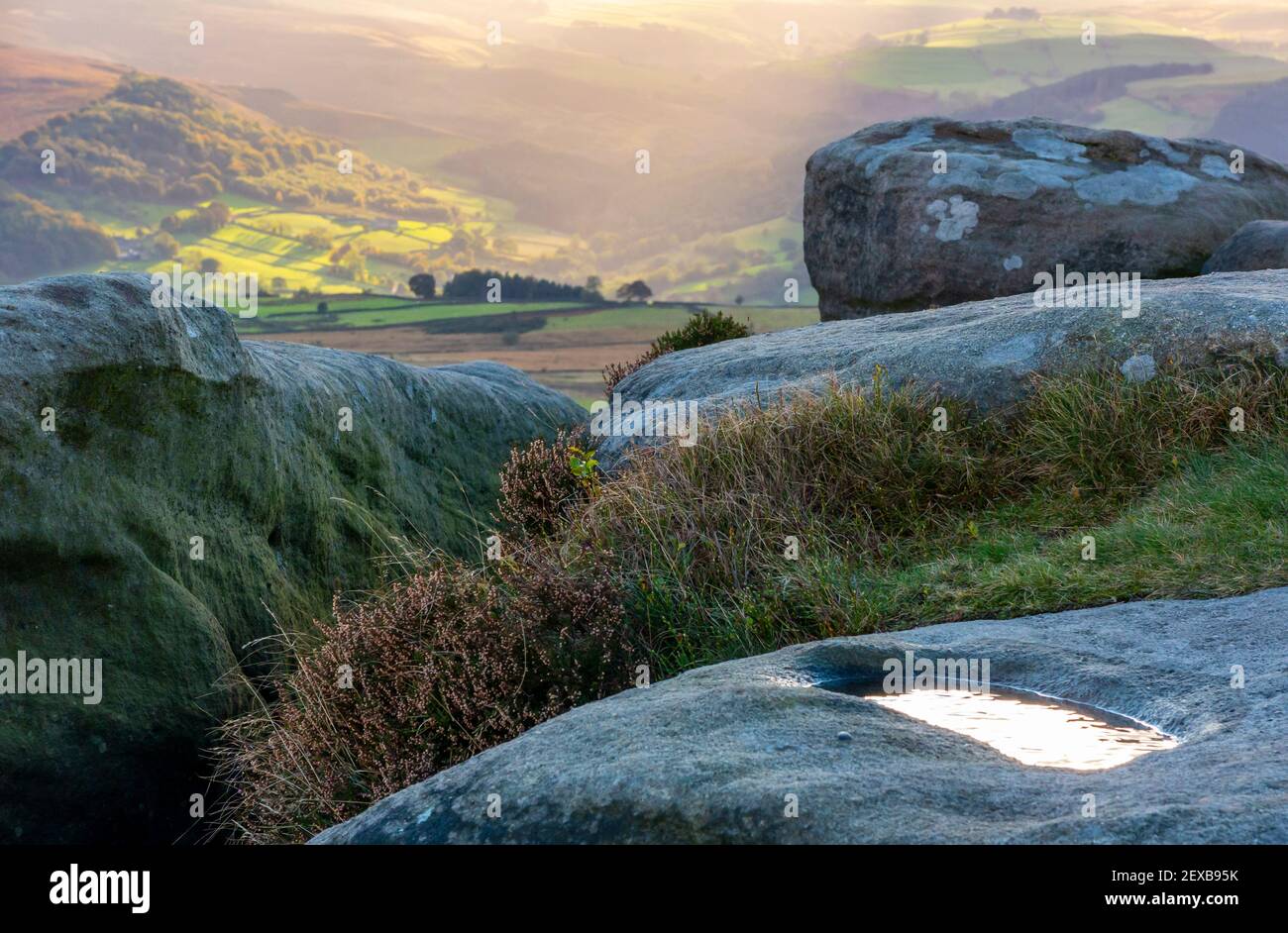 View looking down on the Peak District National Park from Hathersage Moor Derbyshire England UK Stock Photo