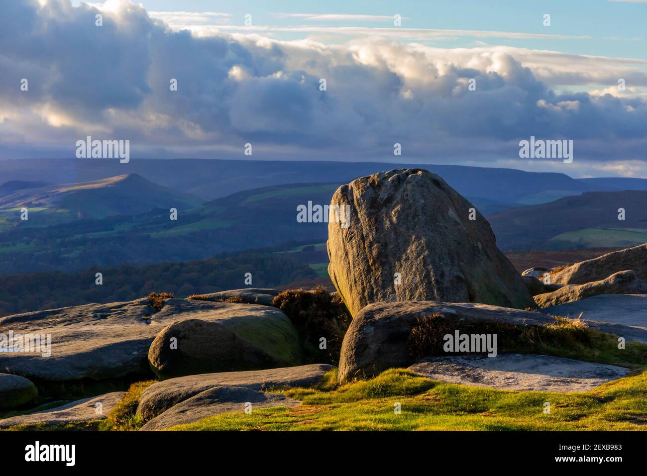 View looking down on the Peak District National Park from Hathersage Moor Derbyshire England UK Stock Photo