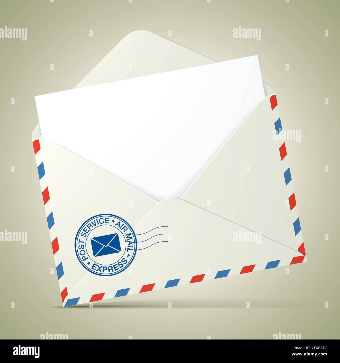 Opened envelope with a blank letter inside, postal service stamp, and red and blue stripe, standing on a khaki color background. Mail envelope vector mockup. Stock Vector
