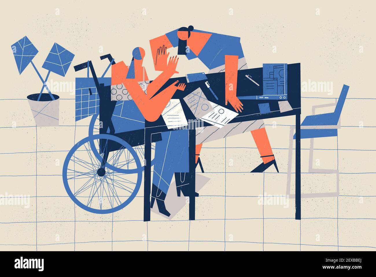 Disabled person sitting in a wheelchair works with co-worker together ...