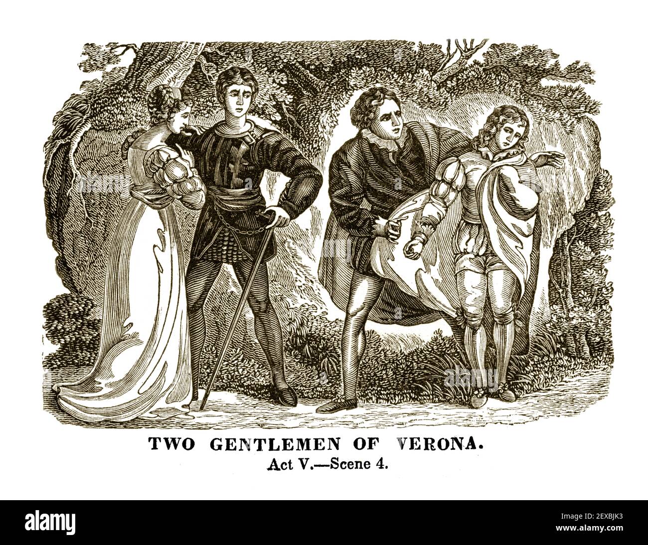 An 1834 engraving depicting a scene (Act V Scene 4) from William Shakespeare's play, 'Two Gentlemen of Verona', digitally colorized. Stock Photo