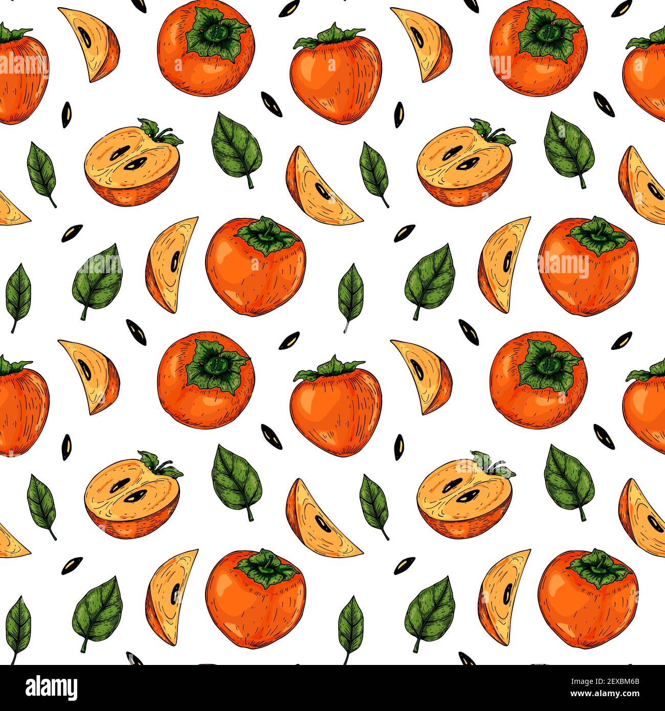 Colorful seamless pattern with hand drawn persimmon fruits and slices ...