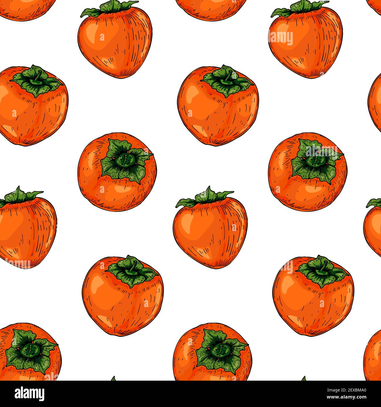 Colorful seamless pattern with hand drawn persimmon fruits. Vector ...