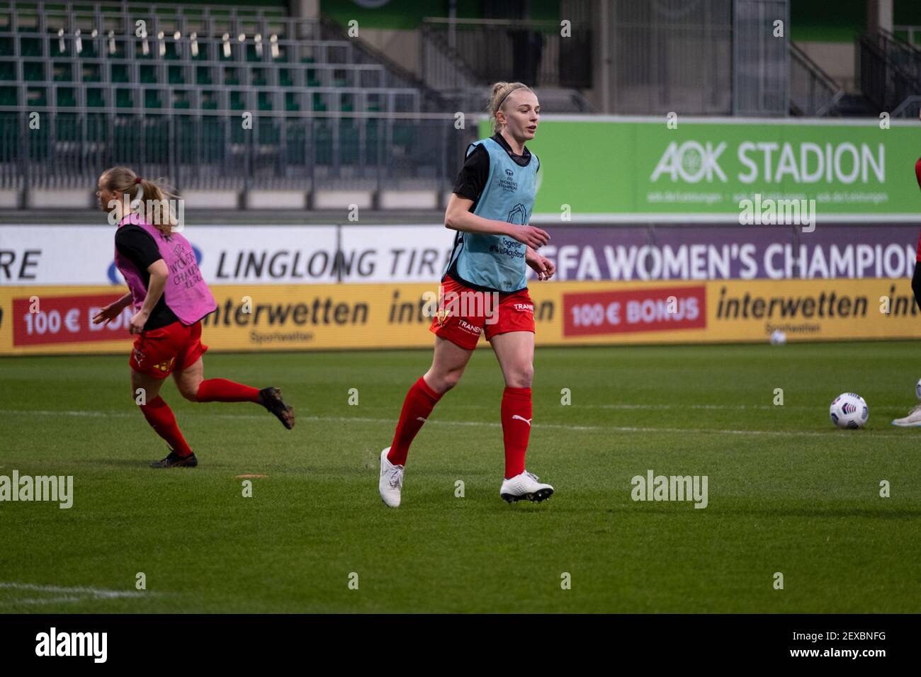 Ina Gausdal (#5 LSK Kvinner) during warm up before the match in the Uefa Women's Champions League round of 16 between VfL Wolfsburg and LSK Kvinner at AOK Stadion in Wolfsburg Stock Photo