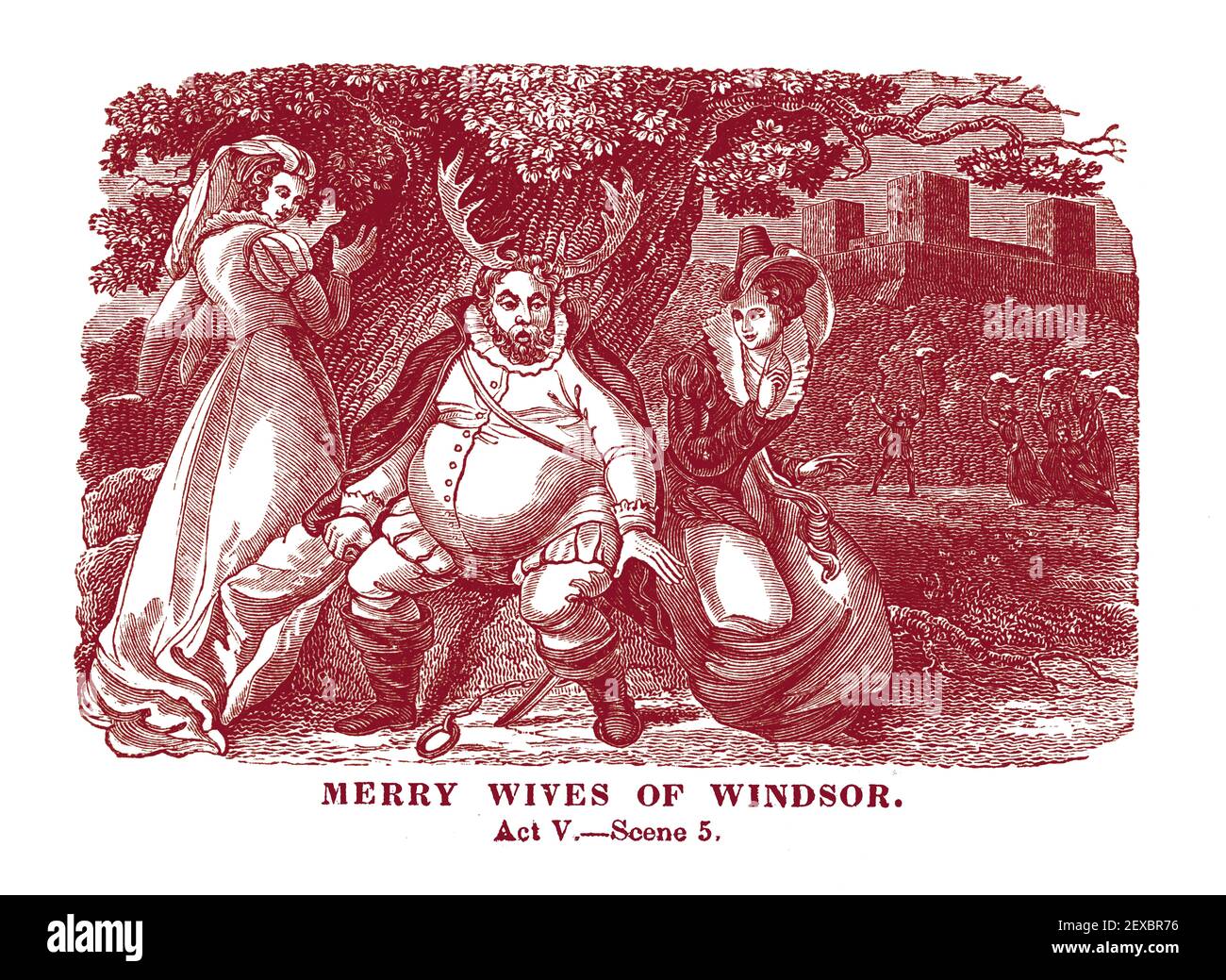 An 1834 engraving depicting a scene (Act V Scene 5) from William Shakespeare's play, 'Merry Wives of Windsor', digitally colorized. Stock Photo