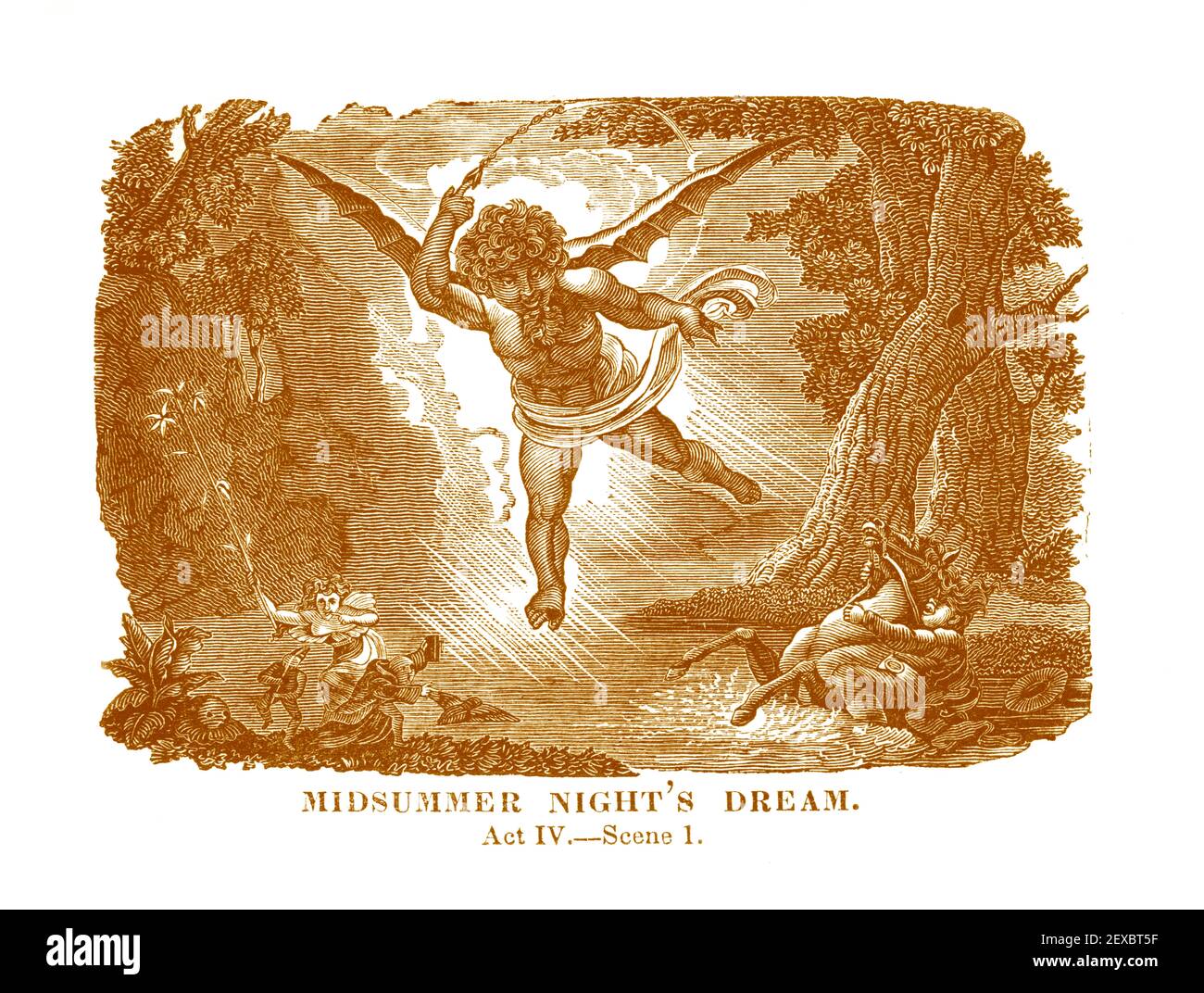 An 1834 engraving depicting a scene (Act IV Scene 1) from William Shakespeare's play, 'Midsummer Night's Dream', digitally colorized. Stock Photo