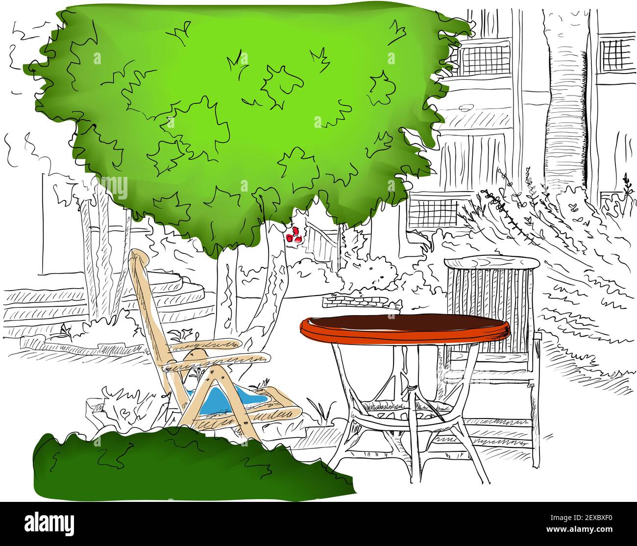 Cafe in the Garden. Partially colored version. Stock Photo