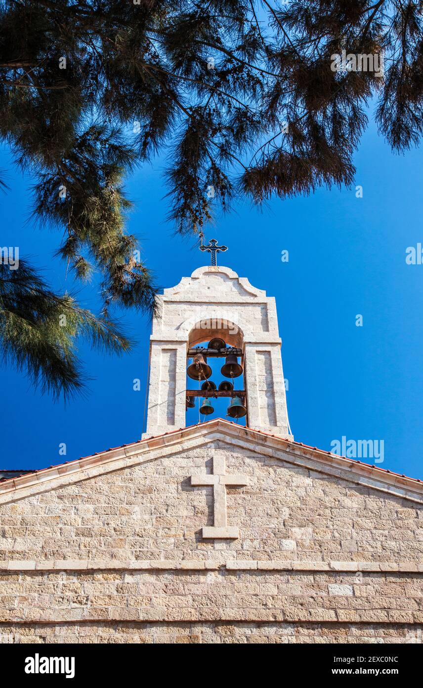The belfry of St.George's Church in Madaba, Jordan. Stock Photo