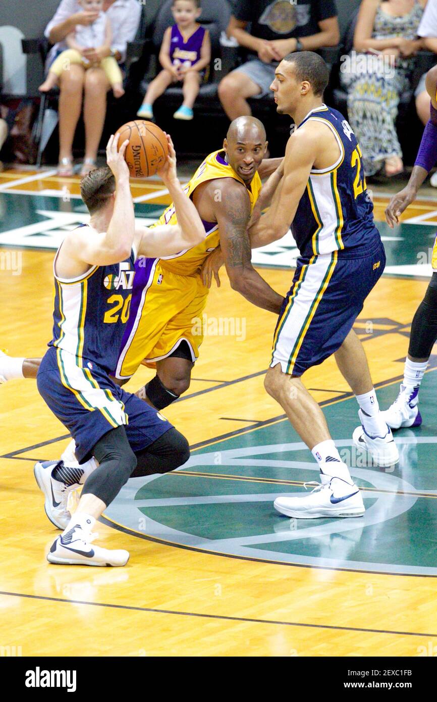 October 6, 2015 - Utah Jazz guard Gordon Hayward #20 is being guarded by  Los Angeles Lakers guard Kobe Bryant #24 during pre-season action between  the Los Angeles Lakers and the Utah