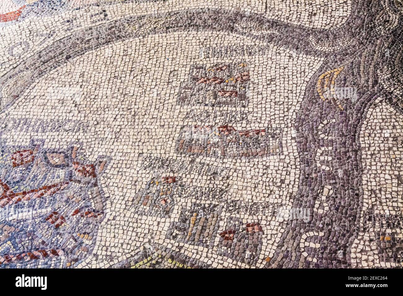 Part of the famous mosaic map of the Holy Land on the floor of St.George's Church in Madaba, Jordan. Stock Photo