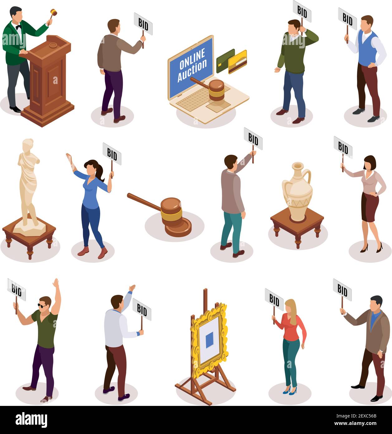 Auction isometric and isolated icon set with people with nameplate in ...