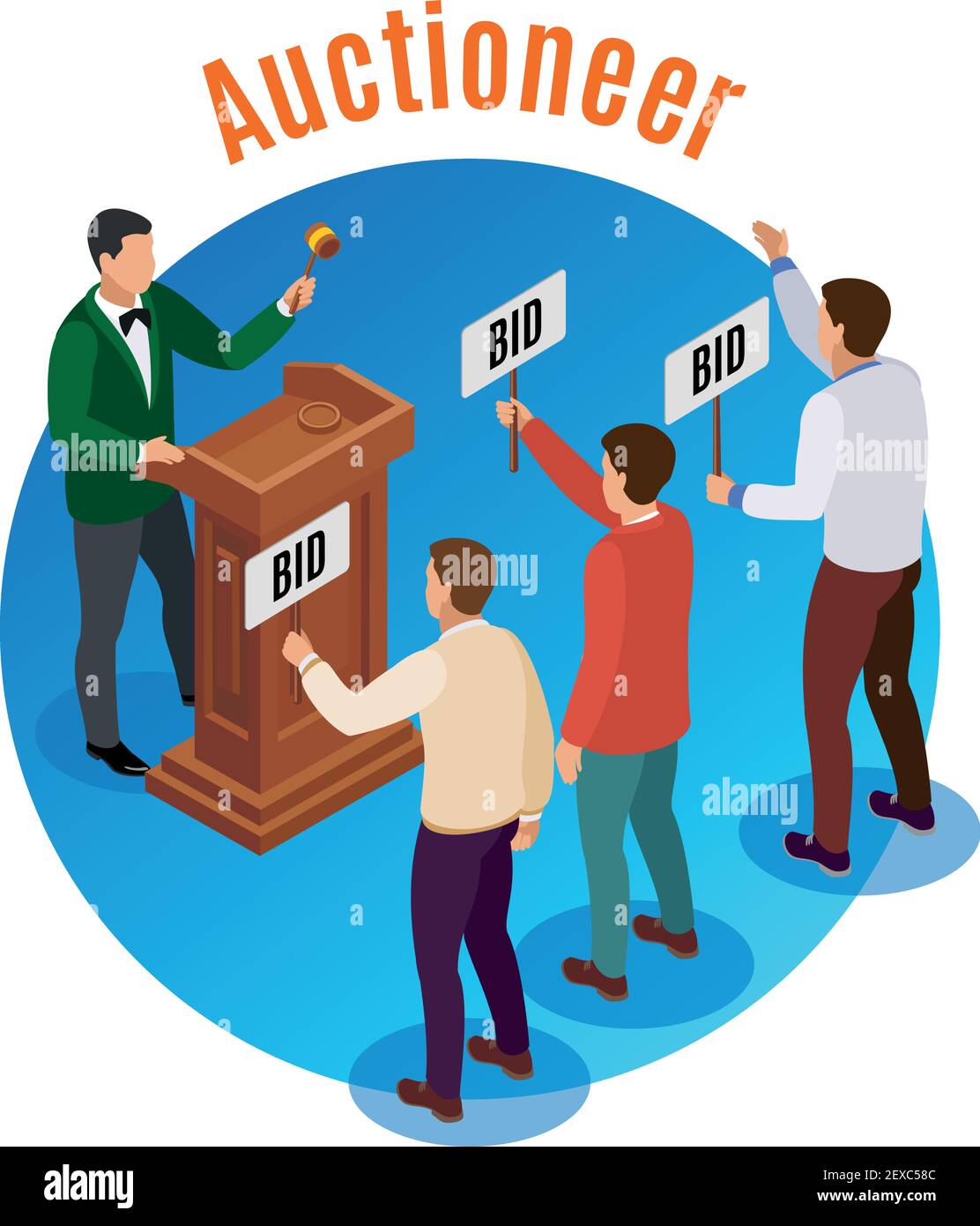 Round auction isometric emblem with auctioneer and three men with
