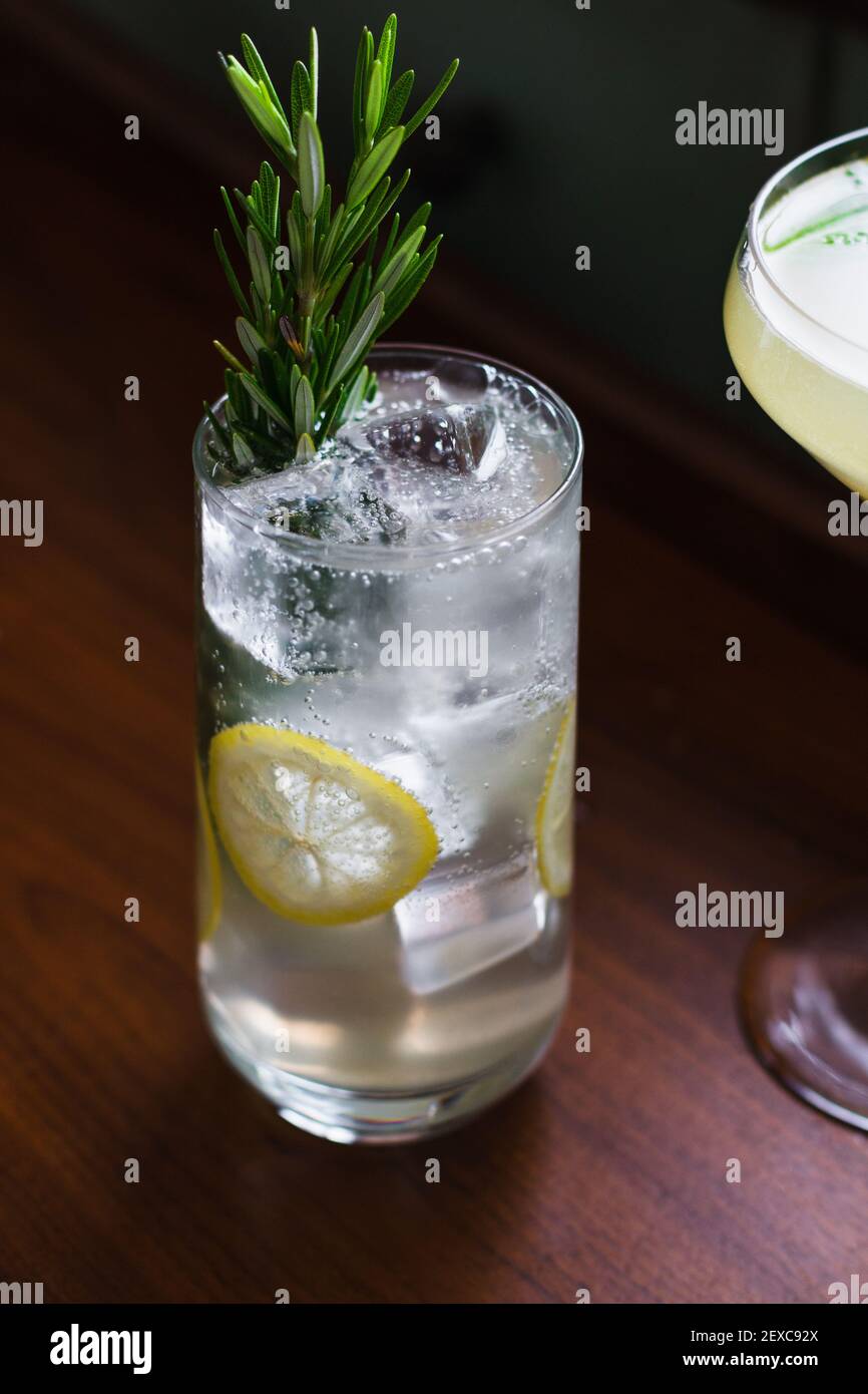 Icy and bubbly gin drink garnished with lemon slices and rosemary Stock Photo