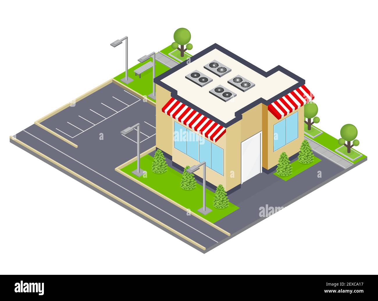 Commercial building isometric concept with windows and parking symbols  vector illustration Stock Vector