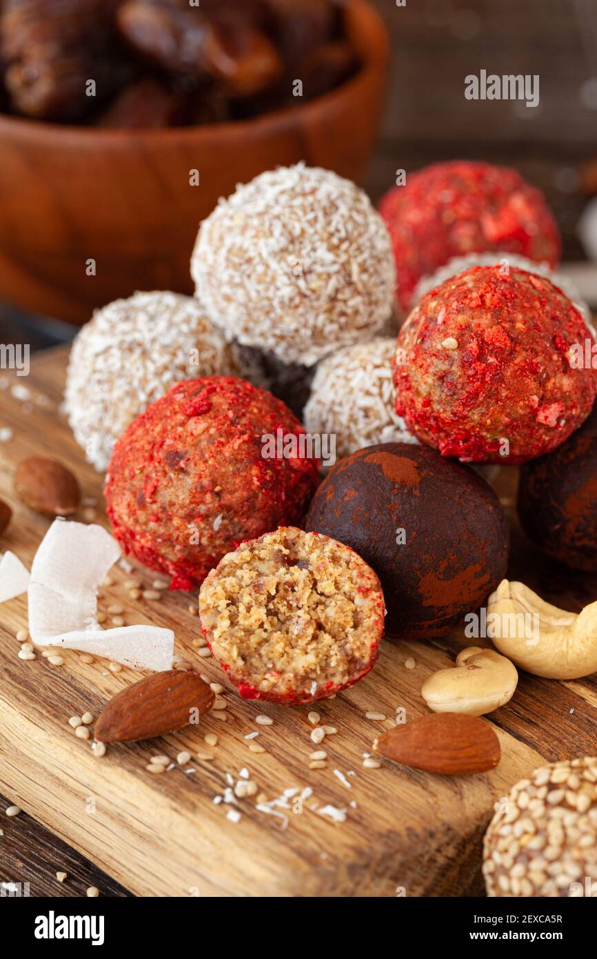 Raw vegan protein balls with nuts dates Stock Photo Alamy