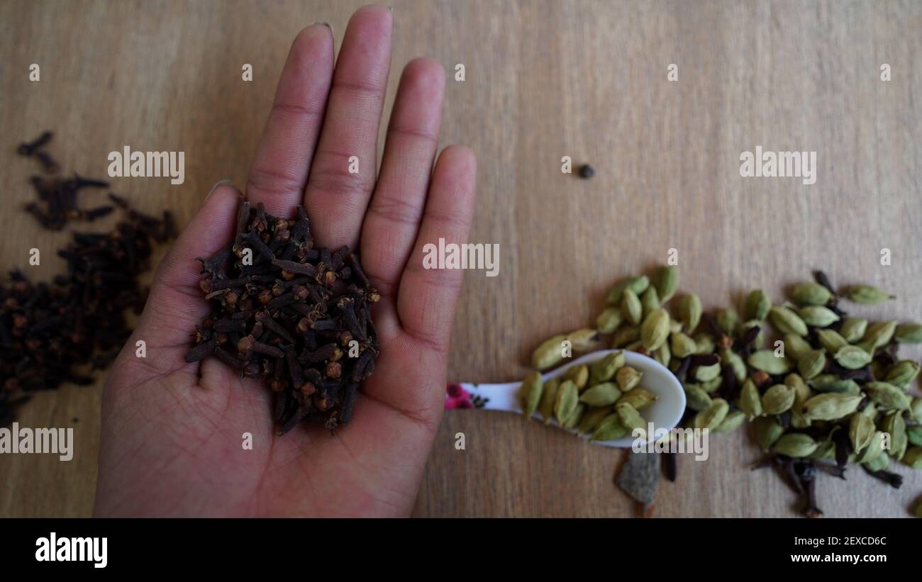 A man holding cardamom pods and cloves in his palm. Indian organic spices on Kitchen background. Indian veg spice Stock Photo