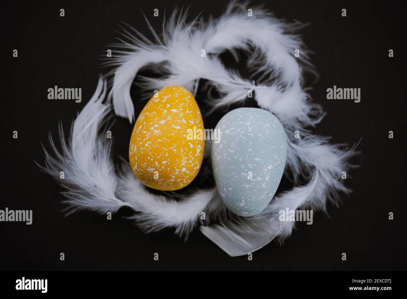 Overhead view of colored Easter eggs and feathers on black background Stock Photo