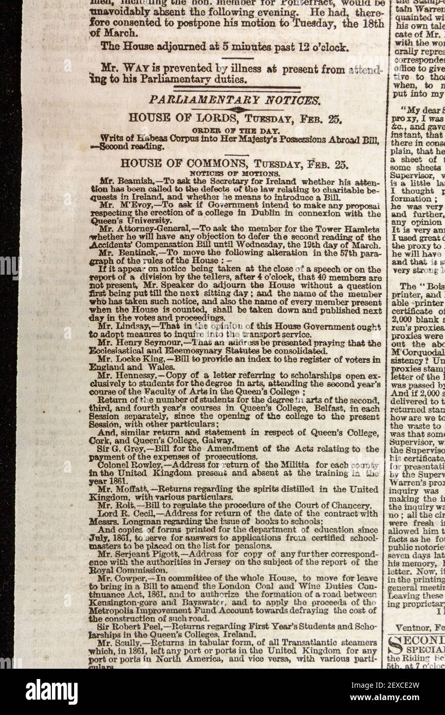 Parliamentary Notices with reports from the House of Lords and House of Commons in an original copy of The Times newspaper, Tuesday 25th February 1862 Stock Photo