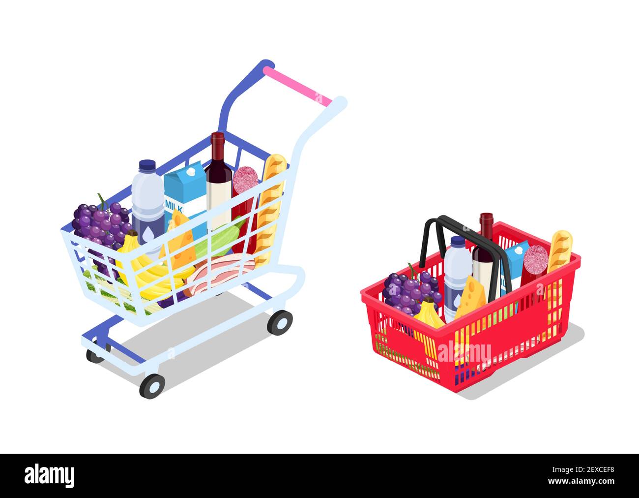 Isometric Grocery cart and basket Stock Vector