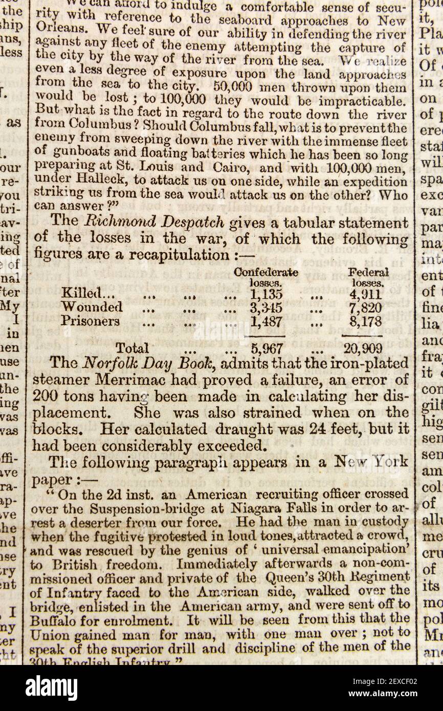 News report on Confederate and Federal casualties of the American Civil War in an original copy of The Times newspaper, Tuesday 25th February 1862. Stock Photo