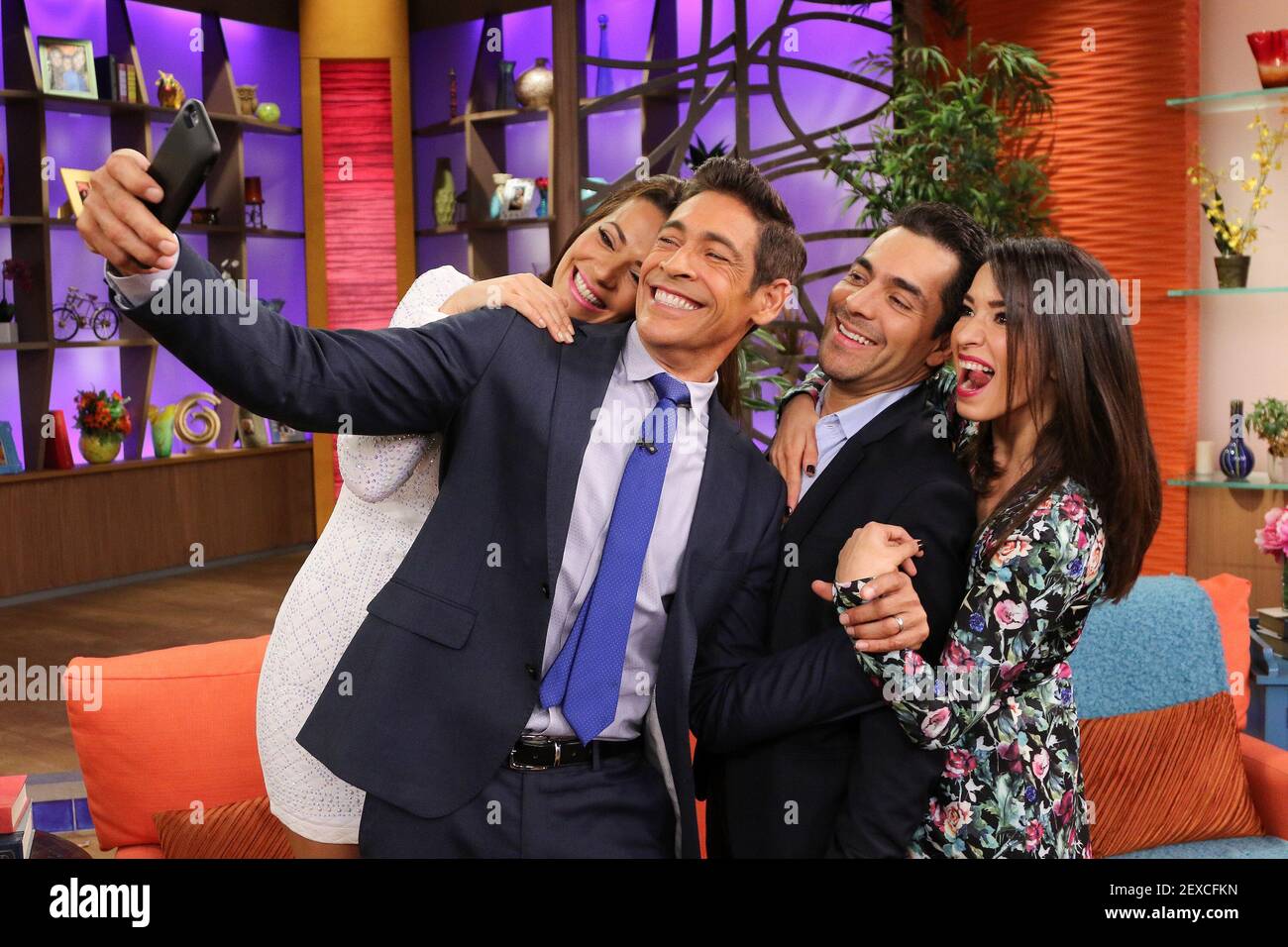 MIAMI, FL - OCT 14: Cecilia Galliano, Johnny Lozada, Omar Chaparro and  Laura G. are seen during 'Despierta America' on October 14, 2015 in Miami,  Florida. (Photo by Alberto E. Tamargo) ***, image size:1300x956