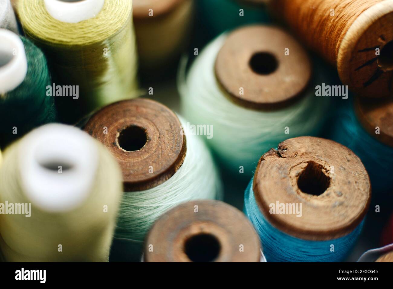 Spools of thread in closeup Stock Photo