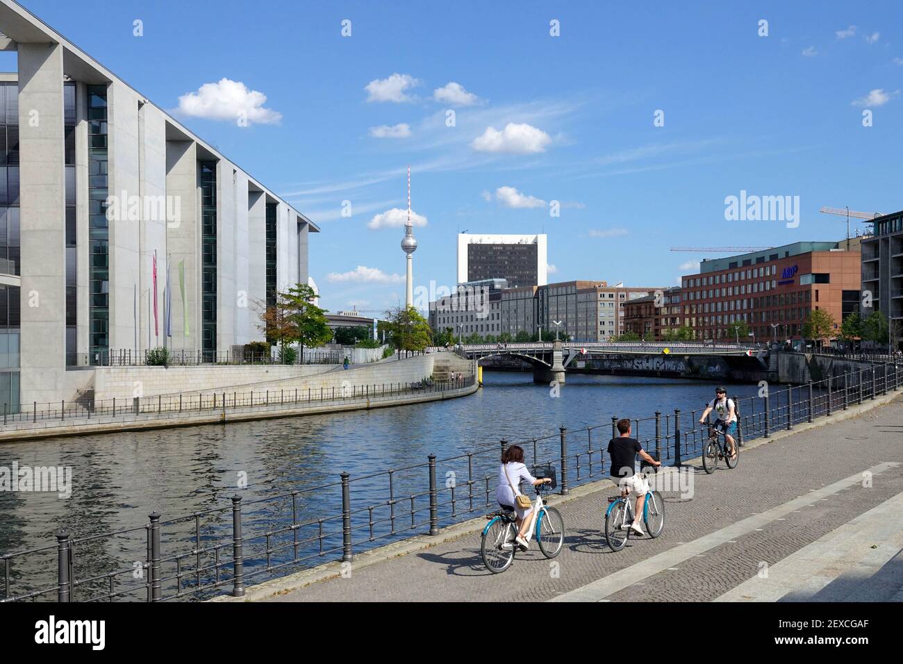 Berlin people river, people cycling along Spree River Stock Photo