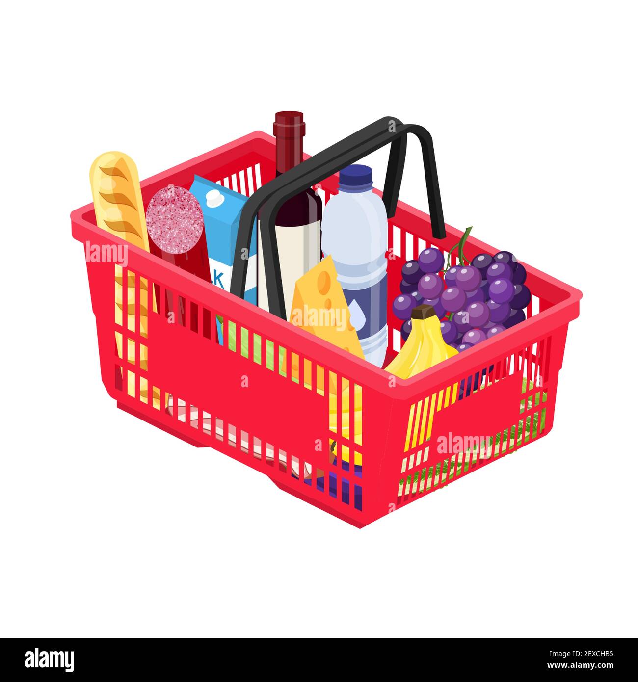 Isometric red plastic shopping basket Stock Vector