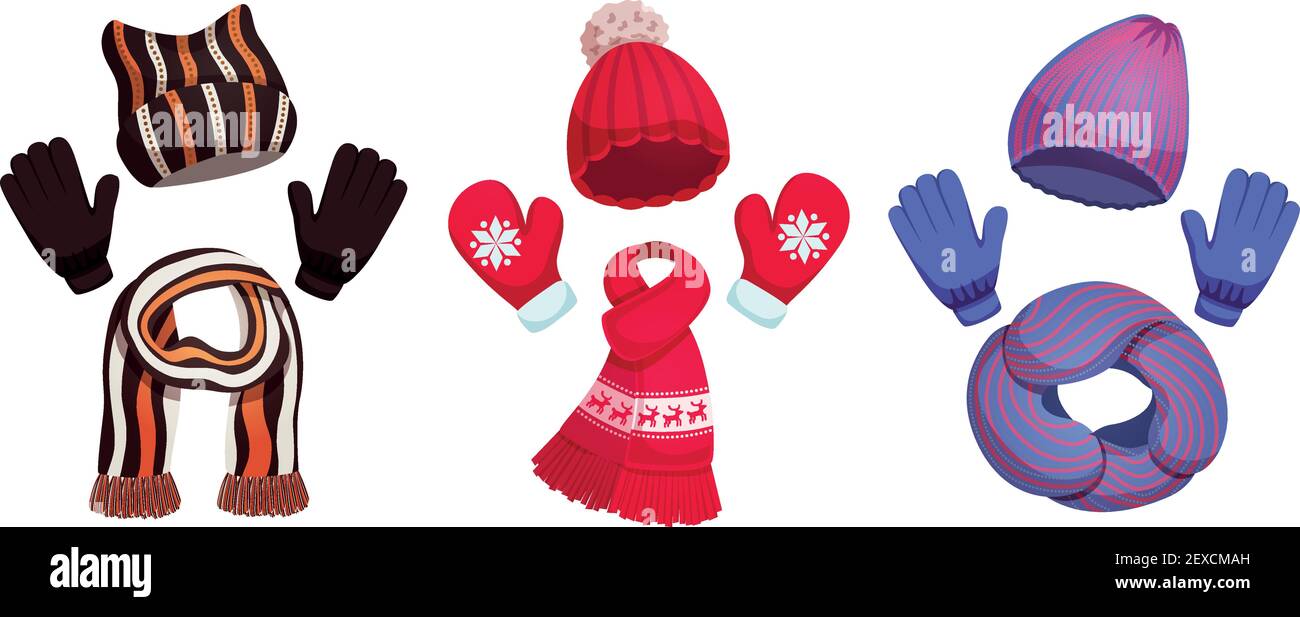 Seasonal winter scarf hats collection with three sets of colourful cold