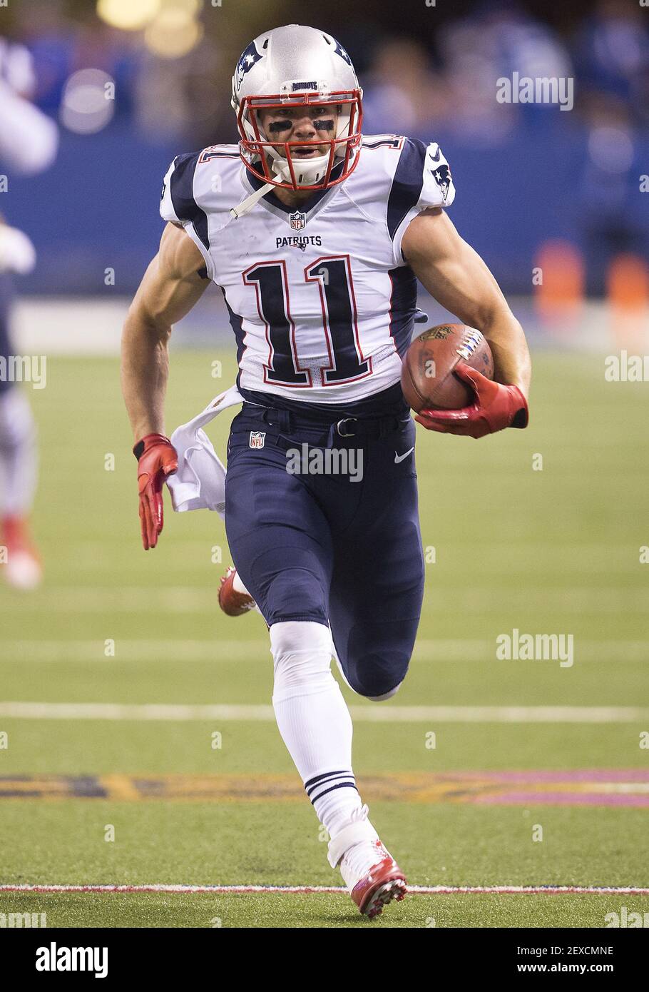 October 18, 2015: New England Patriots wide receiver Julian Edelman (11)  runs with the ball during NFL football game action between the New England  Patriots and the Indianapolis Colts at Lucas Oil