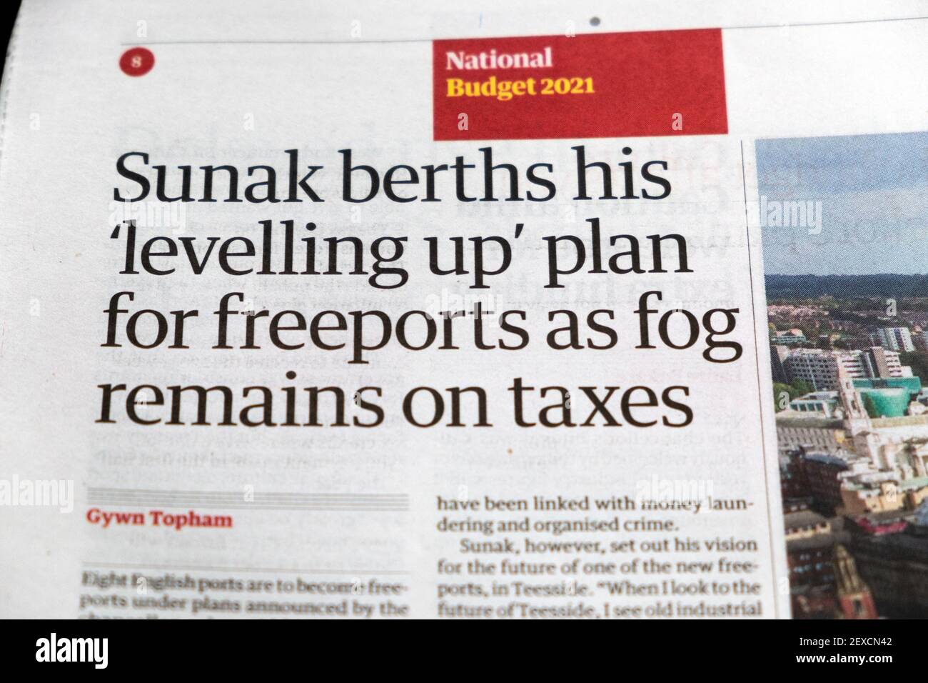 'Sunak berths his 'levelling up' plan for freeports as fog remains on taxes' Guardian newspaper headline inside page article 4 March 2021 in London UK Stock Photo