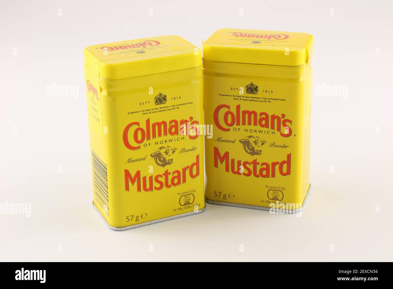 Two tins of Colman's original English mustard powder Stock Photo Alamy