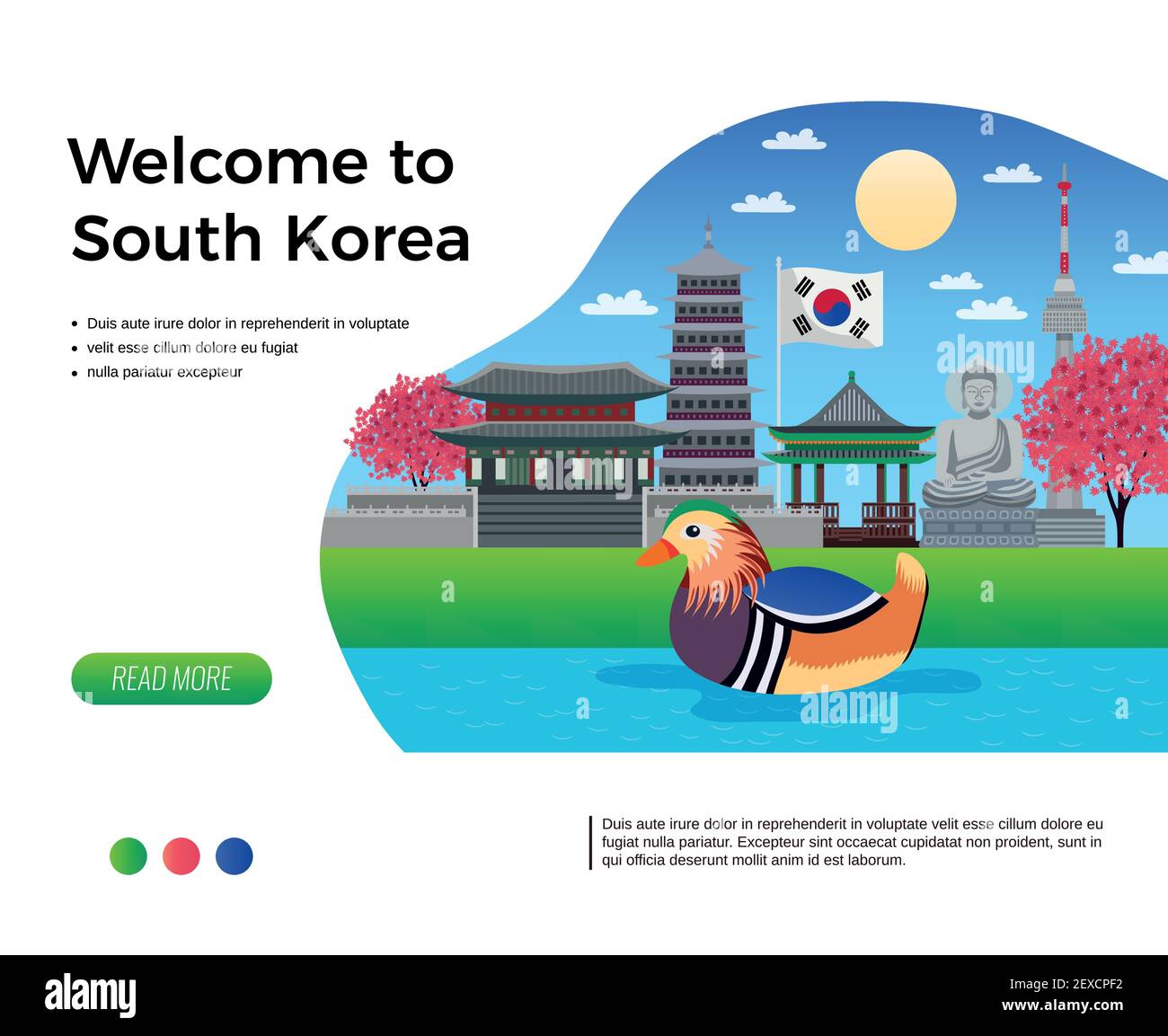 South korea tourism banner with clickable read more button editable text and composition of doodle images vector illustration Stock Vector